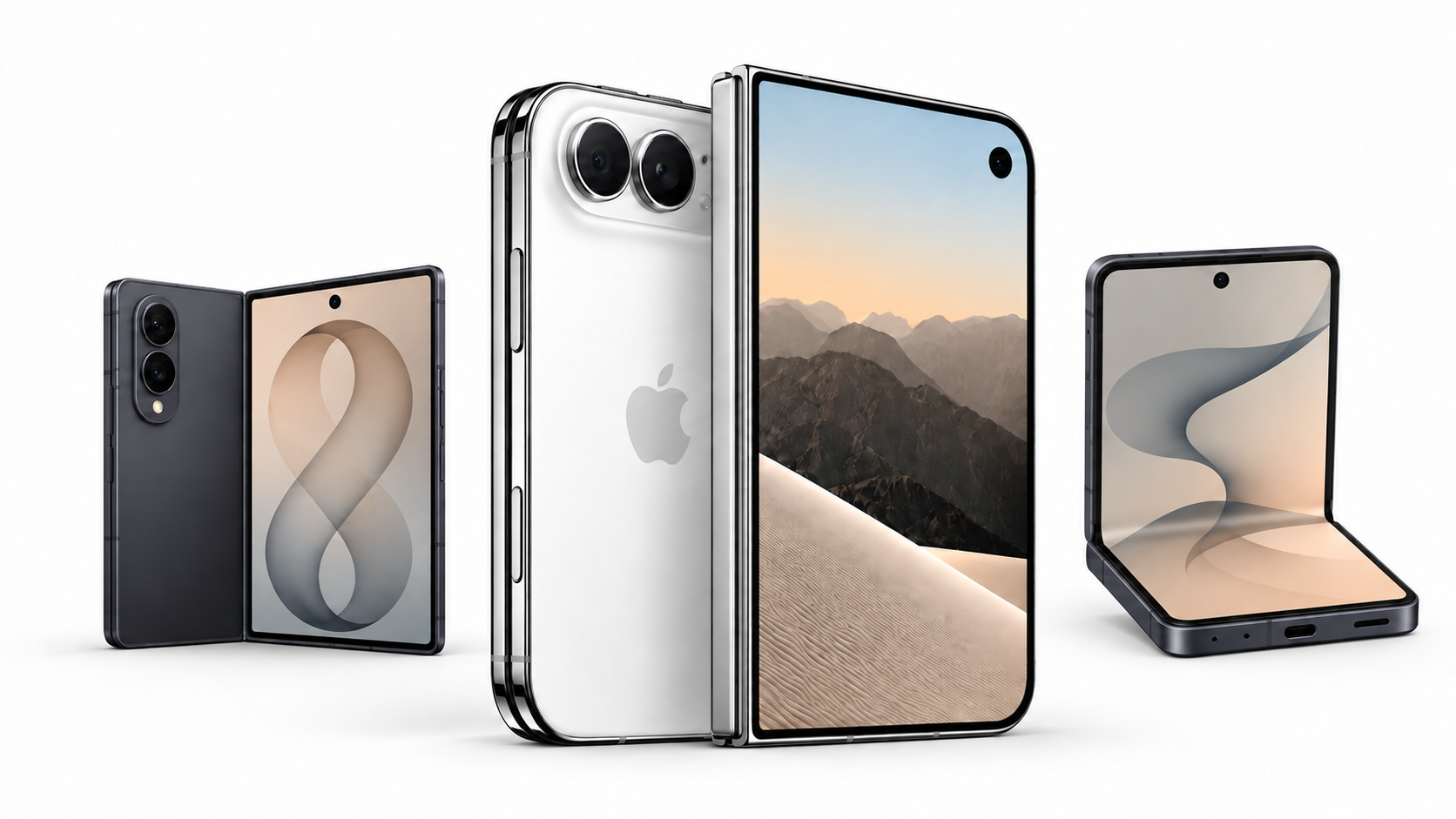 Ilustrační koláž skládacích telefonů: iPhone Duo uprostřed, Galaxy Z Fold vlevo a Galaxy Z Flip vpravo